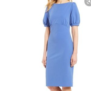 Mari Stretch Crepe Puffed Sleeve Midi Sheath Dress